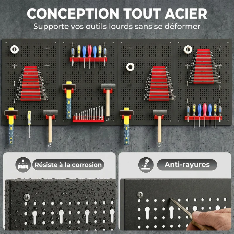 Lot de 4 panneaux perforés muraux organiseur garage 60 x 40 x 2cm charge 55 kg 38 pièces incluses industriel en acier noir 21_0007085