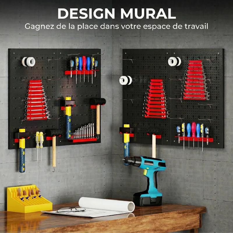 Lot de 4 panneaux perforés muraux organiseur garage 60 x 40 x 2cm charge 55 kg 38 pièces incluses industriel en acier noir 21_0007085
