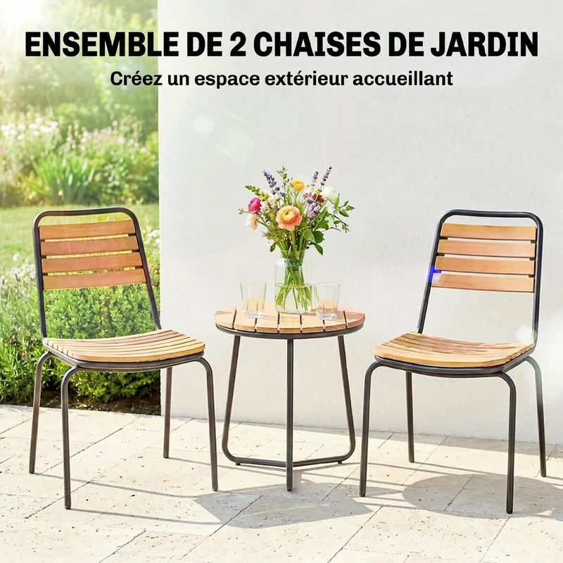 Lot de 2 chaises de jardin empilables 47 x 61 x 81 cm résistantes aux intempéries assise lattes moderne en bois naturel 21_0005400