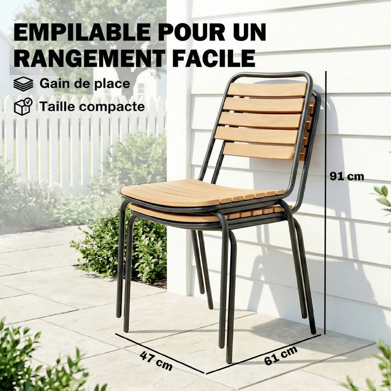 Lot de 2 chaises de jardin empilables 47 x 61 x 81 cm résistantes aux intempéries assise lattes moderne en bois naturel 21_0005400