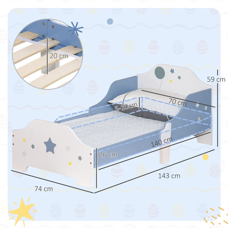 Lit pour enfant étoiles 143 x 74 x 59 cm accès facile barrières latérales sommier à lattes inclus design en MDF bleu 21_0000138