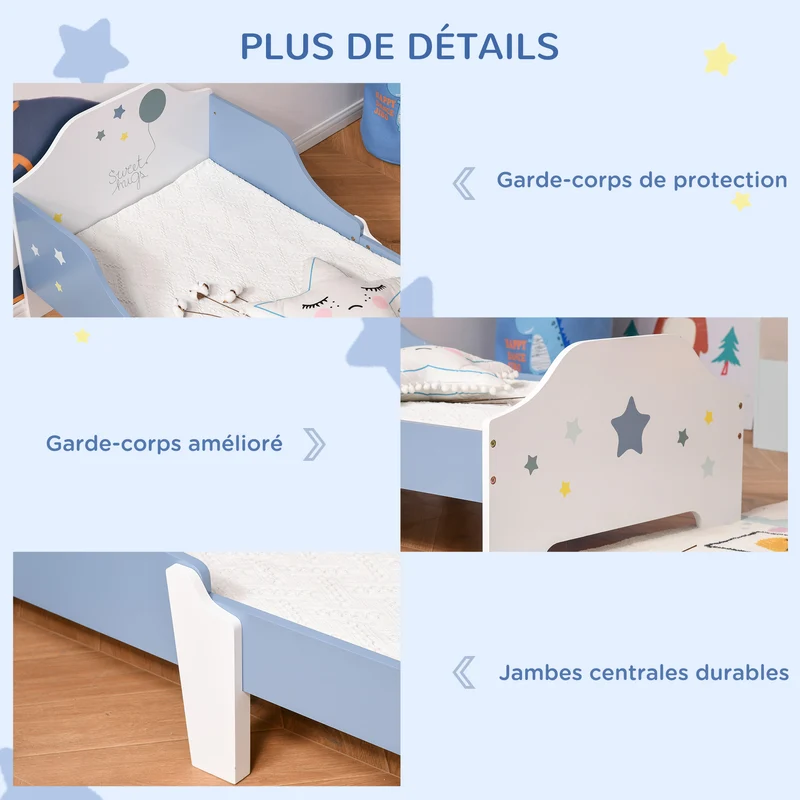Lit pour enfant étoiles 143 x 74 x 59 cm accès facile barrières latérales sommier à lattes inclus design en MDF bleu 21_0000138