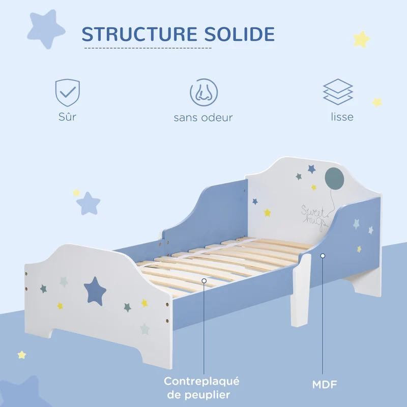 Lit pour enfant étoiles 143 x 74 x 59 cm accès facile barrières latérales sommier à lattes inclus design en MDF bleu 21_0000138