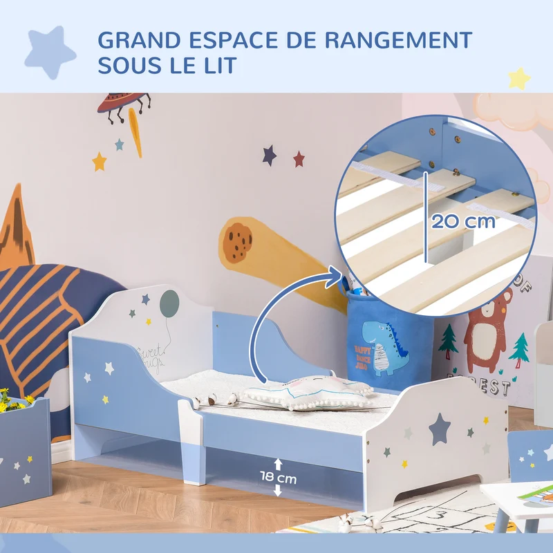 Lit pour enfant étoiles 143 x 74 x 59 cm accès facile barrières latérales sommier à lattes inclus design en MDF bleu 21_0000138