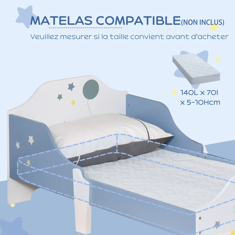 Lit pour enfant étoiles 143 x 74 x 59 cm accès facile barrières latérales sommier à lattes inclus design en MDF bleu 21_0000138