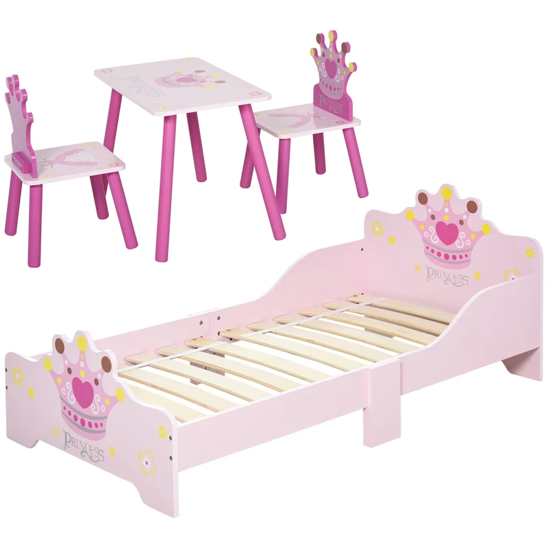 Lit enfant ensemble table et chaises motif couronne 143 x 73 x 60 cm sommier à lattes inclus déco classique en MDF rose 21_0000183