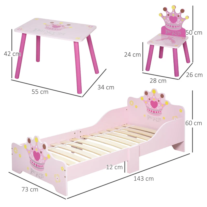 Lit enfant ensemble table et chaises motif couronne 143 x 73 x 60 cm sommier à lattes inclus déco classique en MDF rose 21_0000183