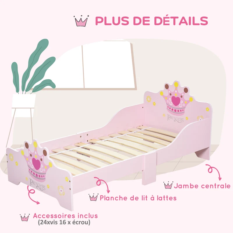 Lit enfant ensemble table et chaises motif couronne 143 x 73 x 60 cm sommier à lattes inclus déco classique en MDF rose 21_0000183