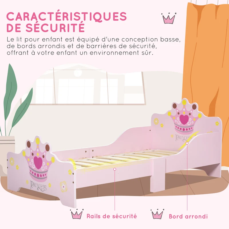 Lit enfant ensemble table et chaises motif couronne 143 x 73 x 60 cm sommier à lattes inclus déco classique en MDF rose 21_0000183