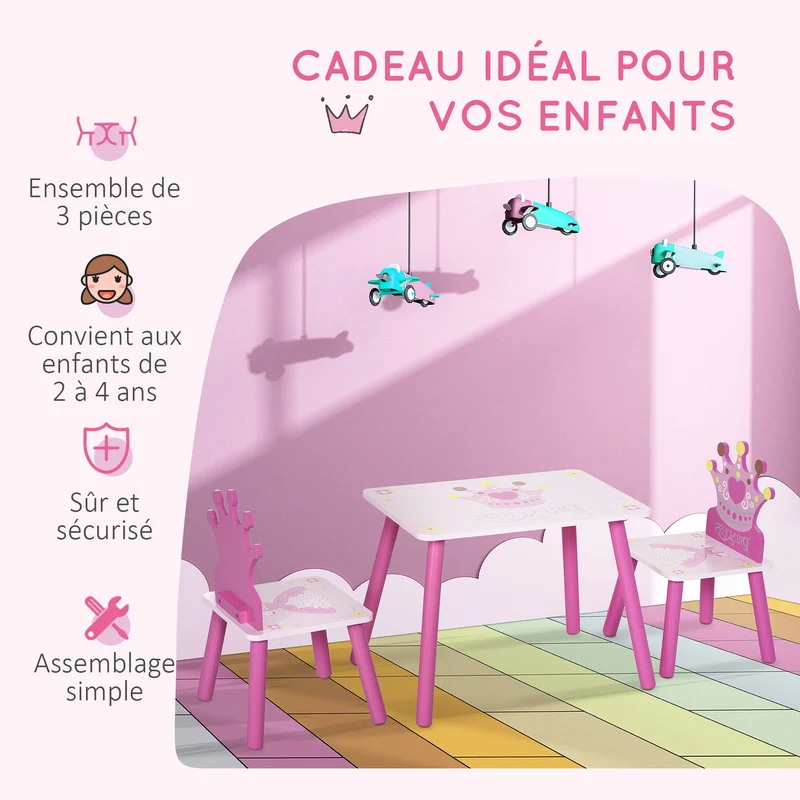 Lit enfant ensemble table et chaises motif couronne 143 x 73 x 60 cm sommier à lattes inclus déco classique en MDF rose 21_0000183