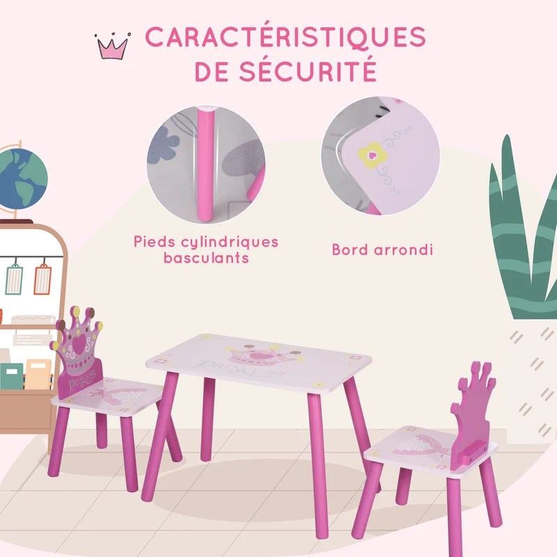Lit enfant ensemble table et chaises motif couronne 143 x 73 x 60 cm sommier à lattes inclus déco classique en MDF rose 21_0000183
