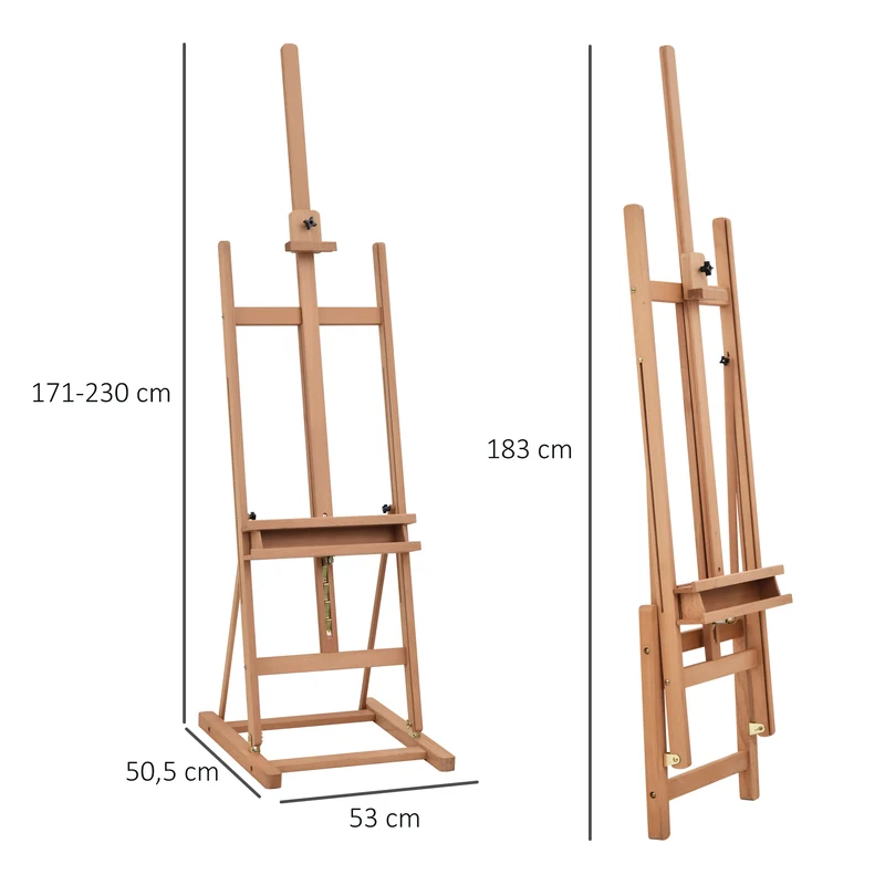 Chevalet de peinture atelier 53 x 50,5 x 171-230 cm hauteur réglable rangement intégré style classique en bois naturel 21_0006105