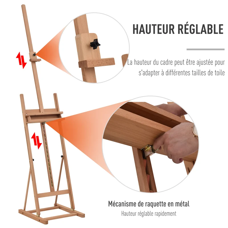 Chevalet de peinture atelier 53 x 50,5 x 171-230 cm hauteur réglable rangement intégré style classique en bois naturel 21_0006105