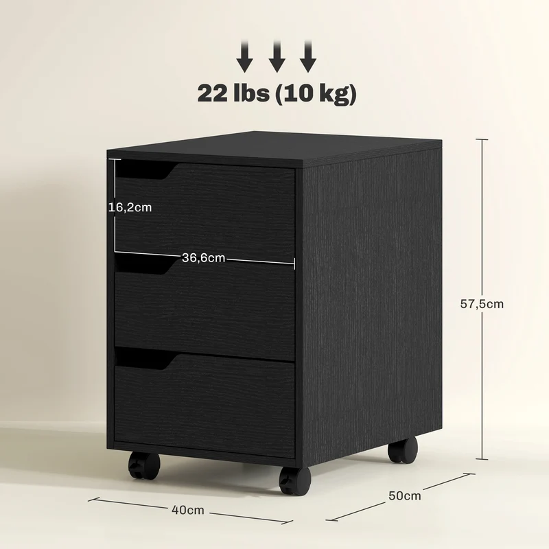 Caisson de bureau sur roulettes 40 x 50 x 57,5 cm grande capacité mobilité freinée design moderne compact en MDF noir 21_0002389