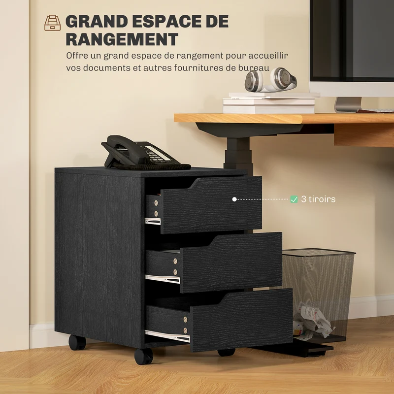 Caisson de bureau sur roulettes 40 x 50 x 57,5 cm grande capacité mobilité freinée design moderne compact en MDF noir 21_0002389