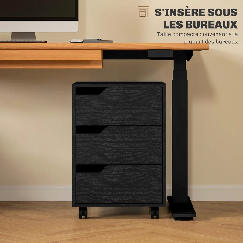 Caisson de bureau sur roulettes 40 x 50 x 57,5 cm grande capacité mobilité freinée design moderne compact en MDF noir 21_0002389