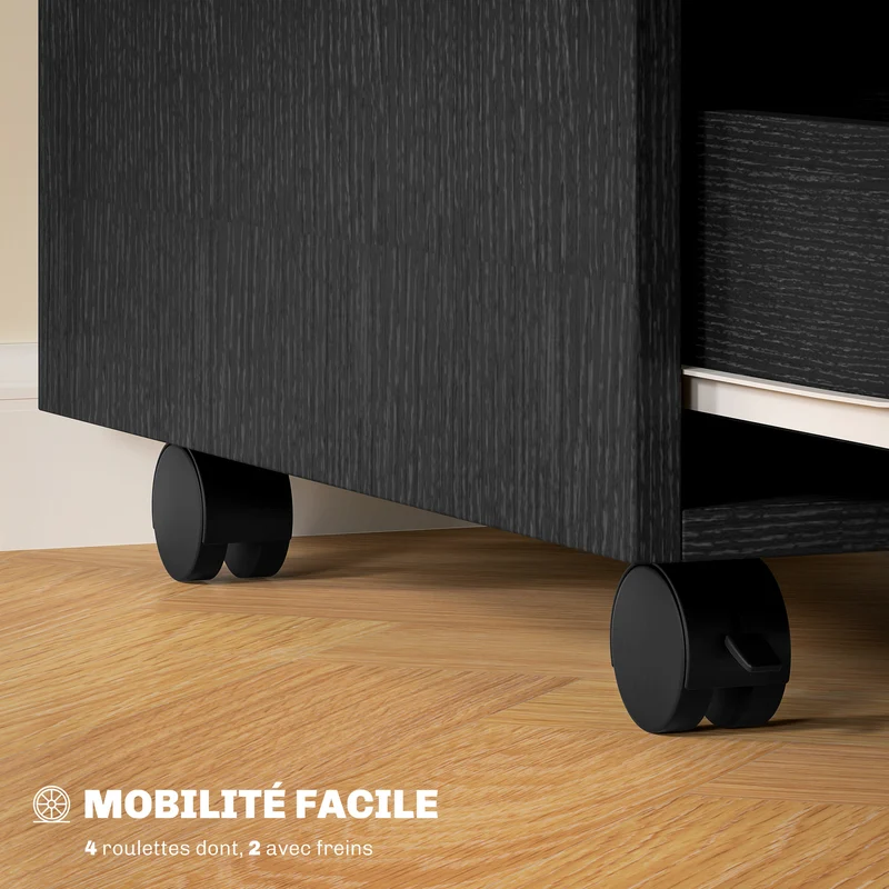 Caisson de bureau sur roulettes 40 x 50 x 57,5 cm grande capacité mobilité freinée design moderne compact en MDF noir 21_0002389