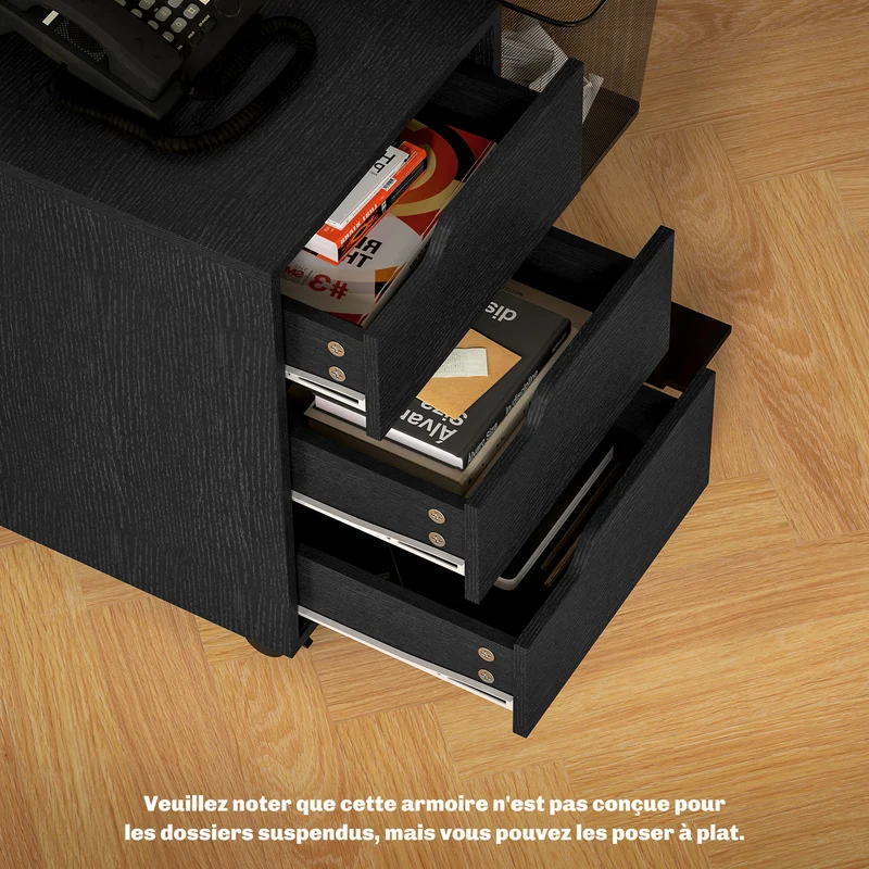 Caisson de bureau sur roulettes 40 x 50 x 57,5 cm grande capacité mobilité freinée design moderne compact en MDF noir 21_0002389