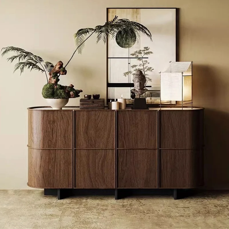 Contemporary Retro Solid Wood & Plywood Rounded Storage Cabinet With 3-Tier Design For Entryway & Living Room