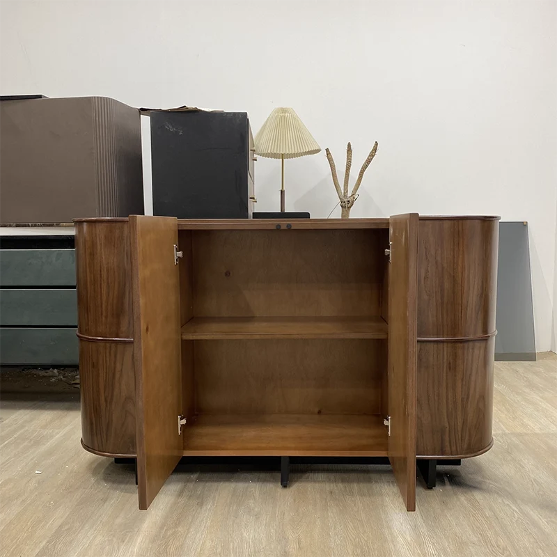 Contemporary Retro Solid Wood & Plywood Rounded Storage Cabinet With 3-Tier Design For Entryway & Living Room
