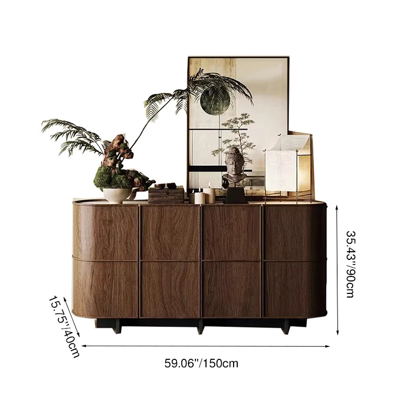 Contemporary Retro Solid Wood & Plywood Rounded Storage Cabinet With 3-Tier Design For Entryway & Living Room