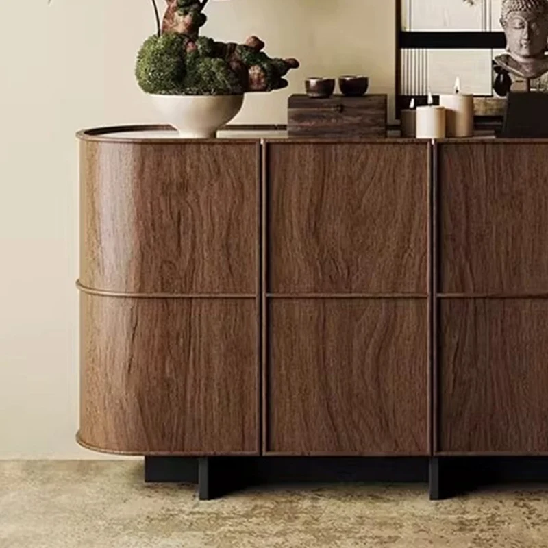 Contemporary Retro Solid Wood & Plywood Rounded Storage Cabinet With 3-Tier Design For Entryway & Living Room