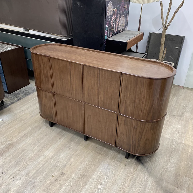 Contemporary Retro Solid Wood & Plywood Rounded Storage Cabinet With 3-Tier Design For Entryway & Living Room