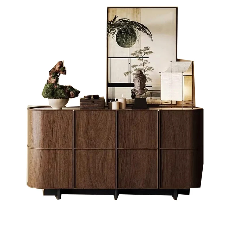 Contemporary Retro Solid Wood & Plywood Rounded Storage Cabinet With 3-Tier Design For Entryway & Living Room