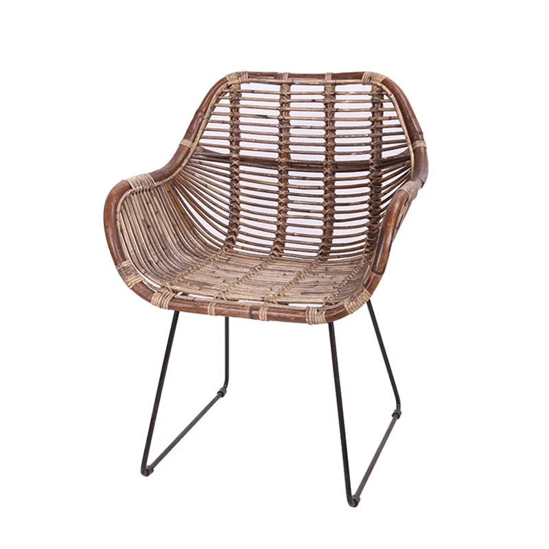 Contemporary Nordic Handwoven Natural Rattan Lounge Chair - Accent Chair With Ergonomic Backrest & Iron Base For Indoor & Outdoor Living