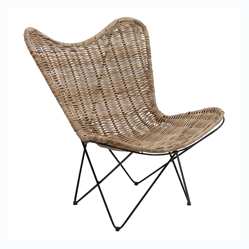 Contemporary Scandinavian Handwoven Rattan Lounge Chair - Accent Chair With Ergonomic Backrest & Iron Base For Boutique Indoor & Outdoor Spaces
