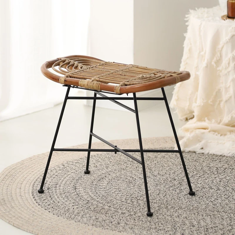 Contemporary Scandinavian Handwoven Rattan Low Stool With Iron Frame For Entryway & Living Spaces