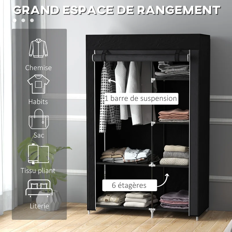 Armoire penderie gain de place 103 x 43 x 162,5 cm 6 étagères 1 barre moderne épuré chambre compacte en non tissé noir 21_0005821