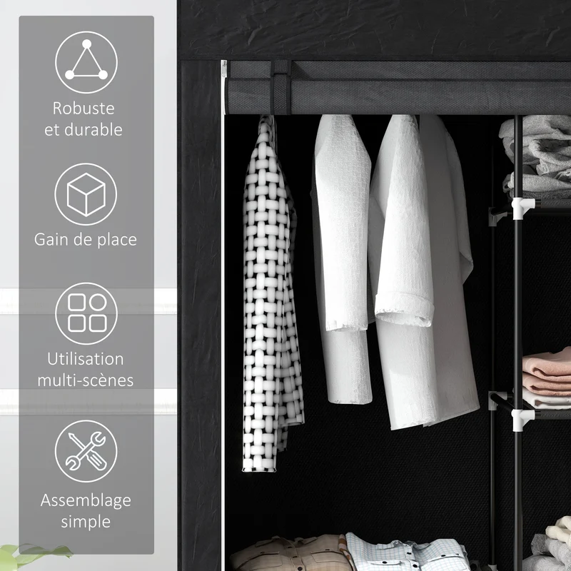 Armoire penderie gain de place 103 x 43 x 162,5 cm 6 étagères 1 barre moderne épuré chambre compacte en non tissé noir 21_0005821