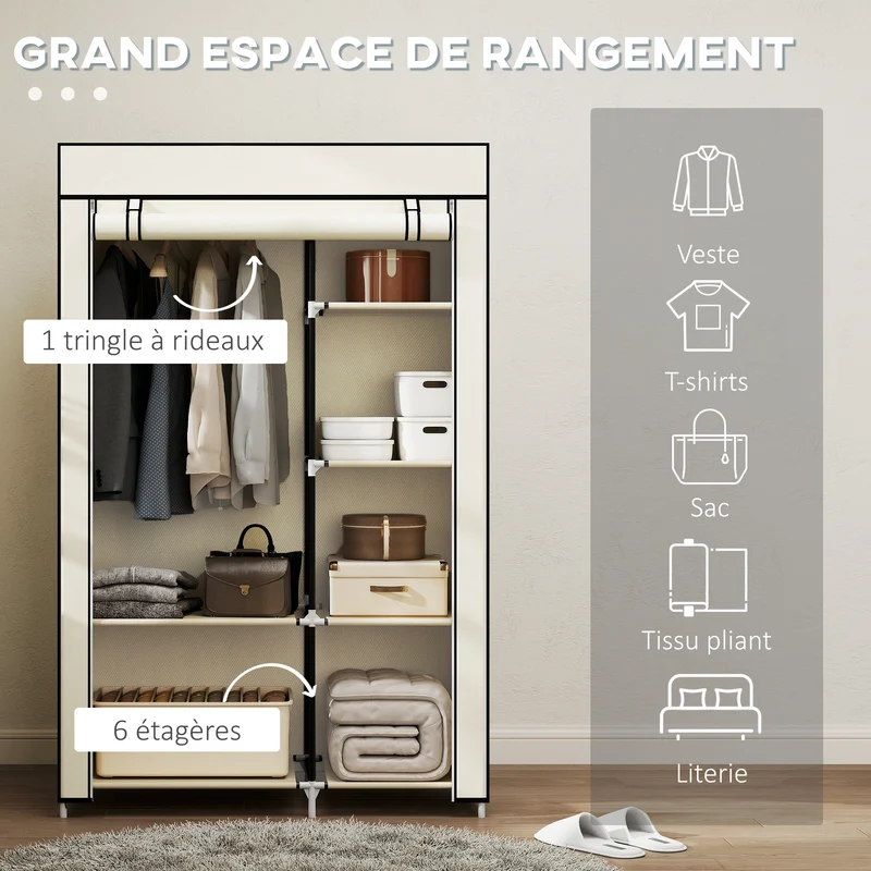 Armoire penderie 103 x 43 x 162,5 cm tringle et étagères protection anti poussière gain de place moderne en acier crème 21_0005823