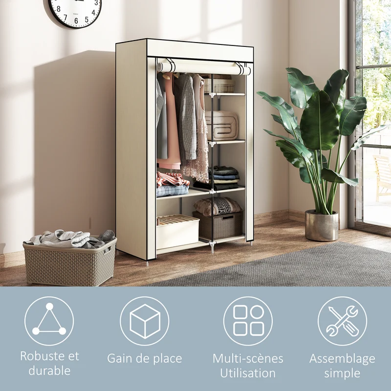Armoire penderie 103 x 43 x 162,5 cm tringle et étagères protection anti poussière gain de place moderne en acier crème 21_0005823