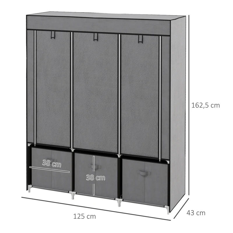 Armoire de rangement pliable 125 x 43 x 162.5 cm gain de place protège des vêtements salon épuré en non-tissé gris foncé 21_0005813