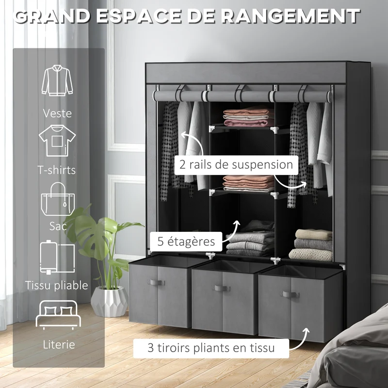Armoire de rangement pliable 125 x 43 x 162.5 cm gain de place protège des vêtements salon épuré en non-tissé gris foncé 21_0005813