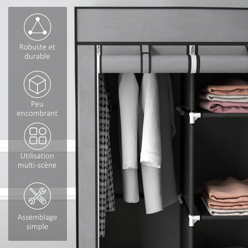 Armoire de rangement pliable 125 x 43 x 162.5 cm gain de place protège des vêtements salon épuré en non-tissé gris foncé 21_0005813