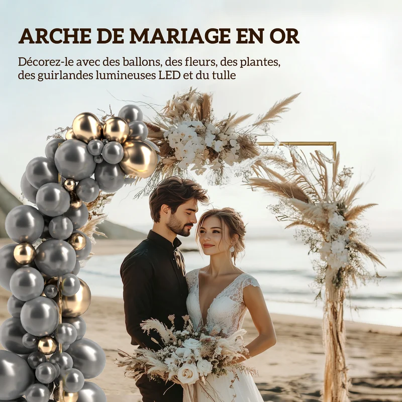 Arche de mariage fond photo 200 x 40 x 200 cm bases stables montage rapide extérieur jardin style élégant en métal or 21_0005699