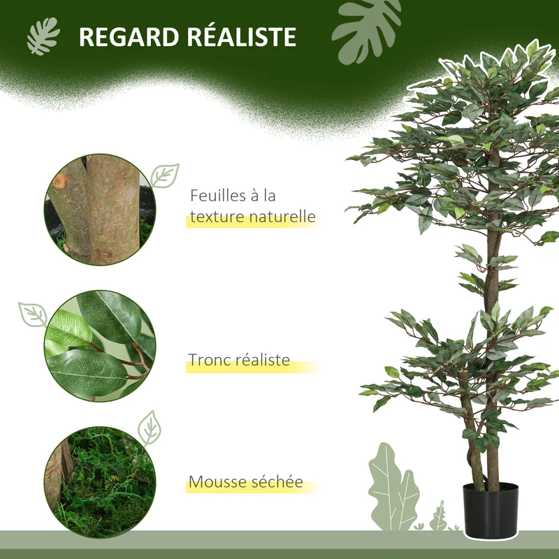 Arbre artificiel ficus salon bureau 150 x 15 x 12 cm grand réalisme branches ajustables contemporain en plastique vert 21_0003956