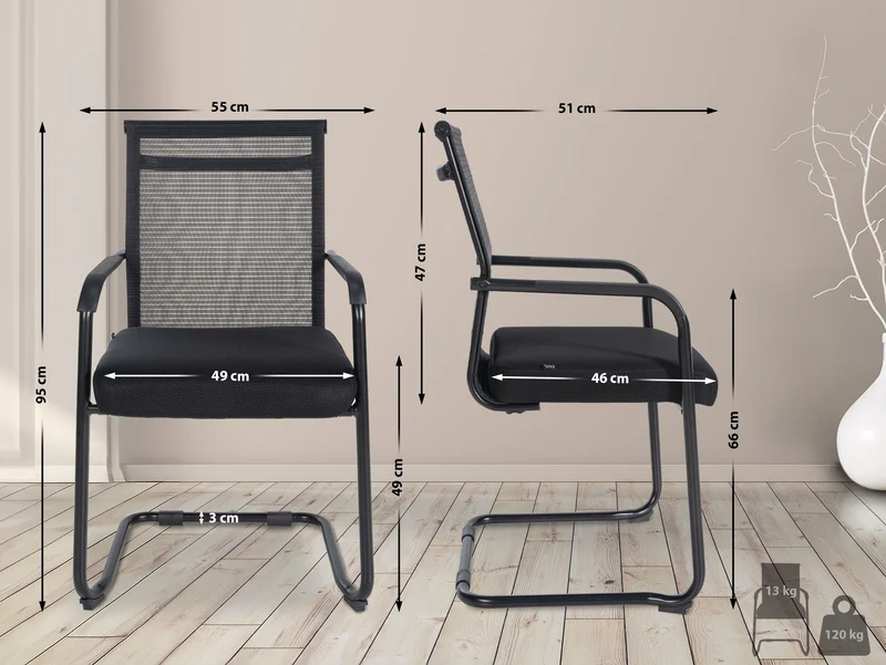 Lot de 2 chaises visiteur cantilever mesh respirant et accoudoirs revêtement en maille noir cadre en métal noir 10_0008821