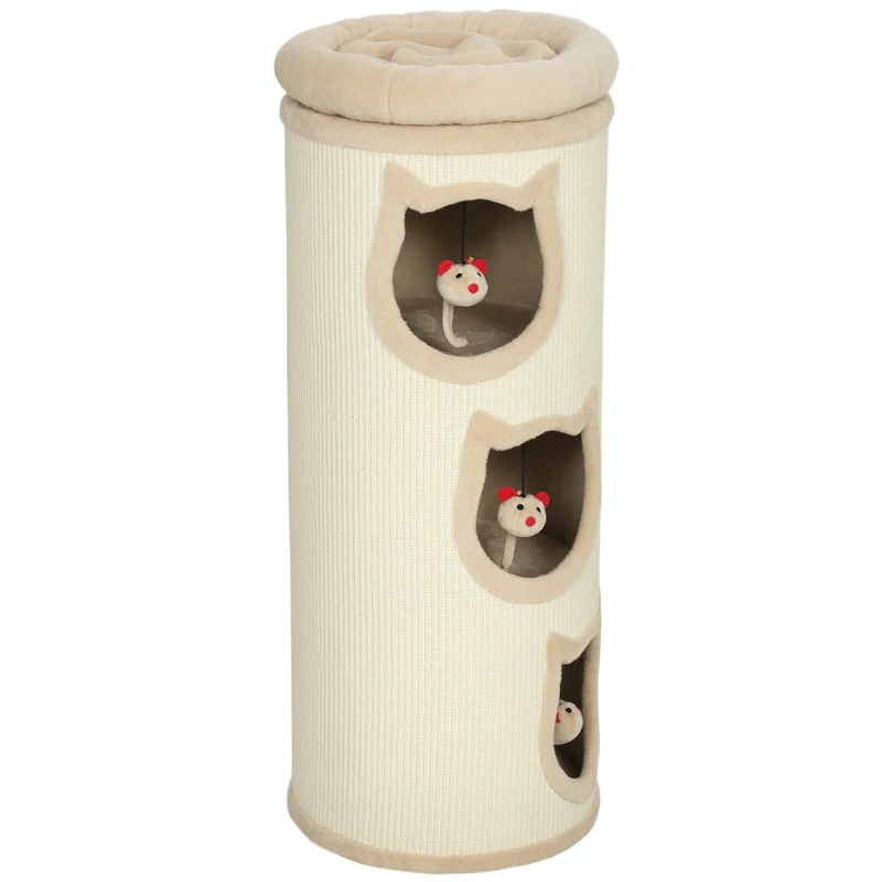 Tonneau à gratter pour chat trois niveaux 38 x 96 cm lit supérieur lavable refuges sécurisés scandinave en sisal crème 21_0007761