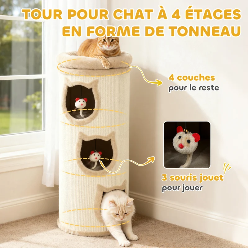 Tonneau à gratter pour chat trois niveaux 38 x 96 cm lit supérieur lavable refuges sécurisés scandinave en sisal crème 21_0007761