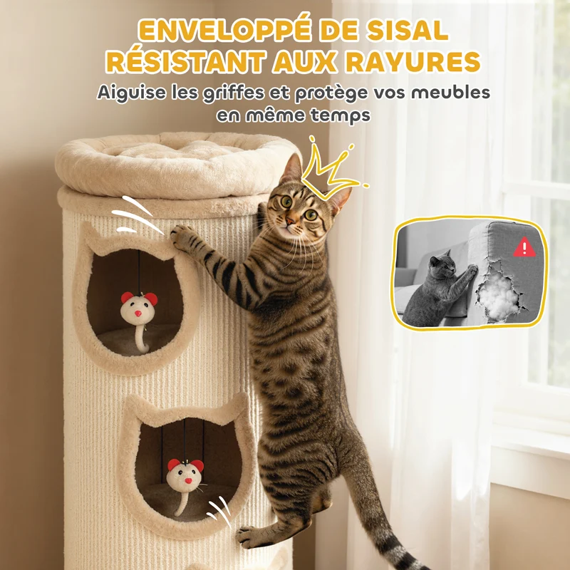 Tonneau à gratter pour chat trois niveaux 38 x 96 cm lit supérieur lavable refuges sécurisés scandinave en sisal crème 21_0007761