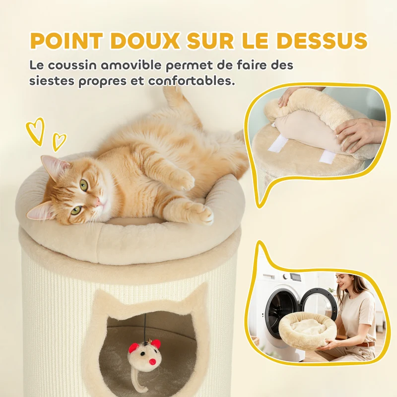 Tonneau à gratter pour chat trois niveaux 38 x 96 cm lit supérieur lavable refuges sécurisés scandinave en sisal crème 21_0007761