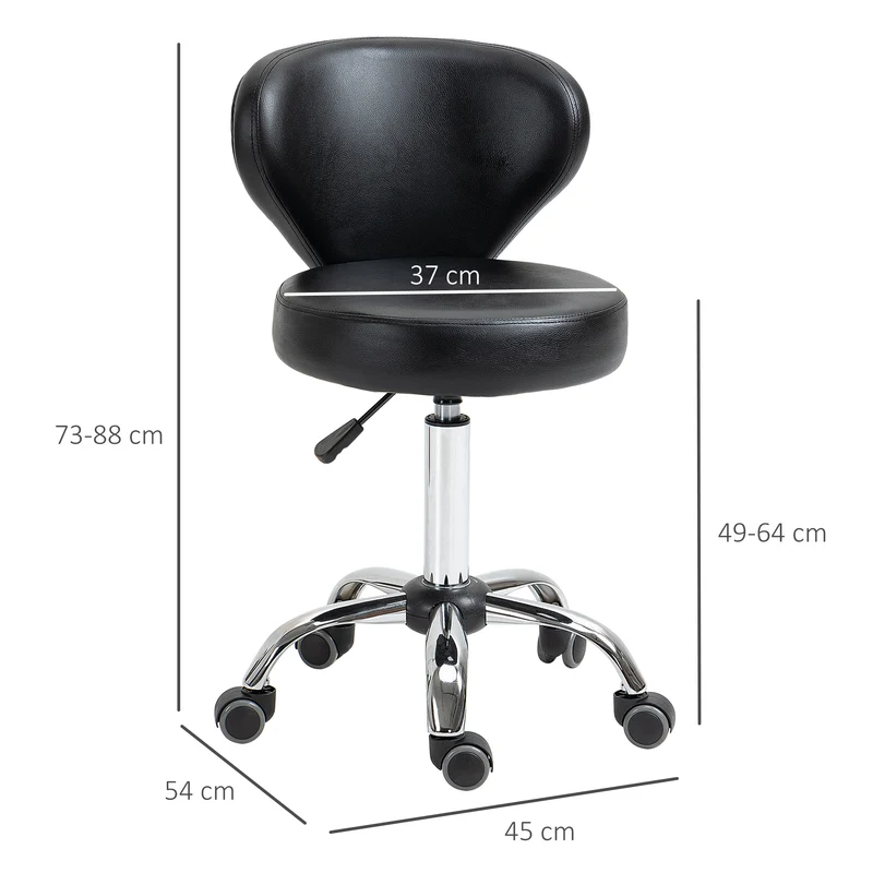Tabouret à roulettes salon bureau dossier incurvé assise épaisse 7 cm 45 x 54 x 73-88 cm moderne contemporain en PU noir 21_0000772