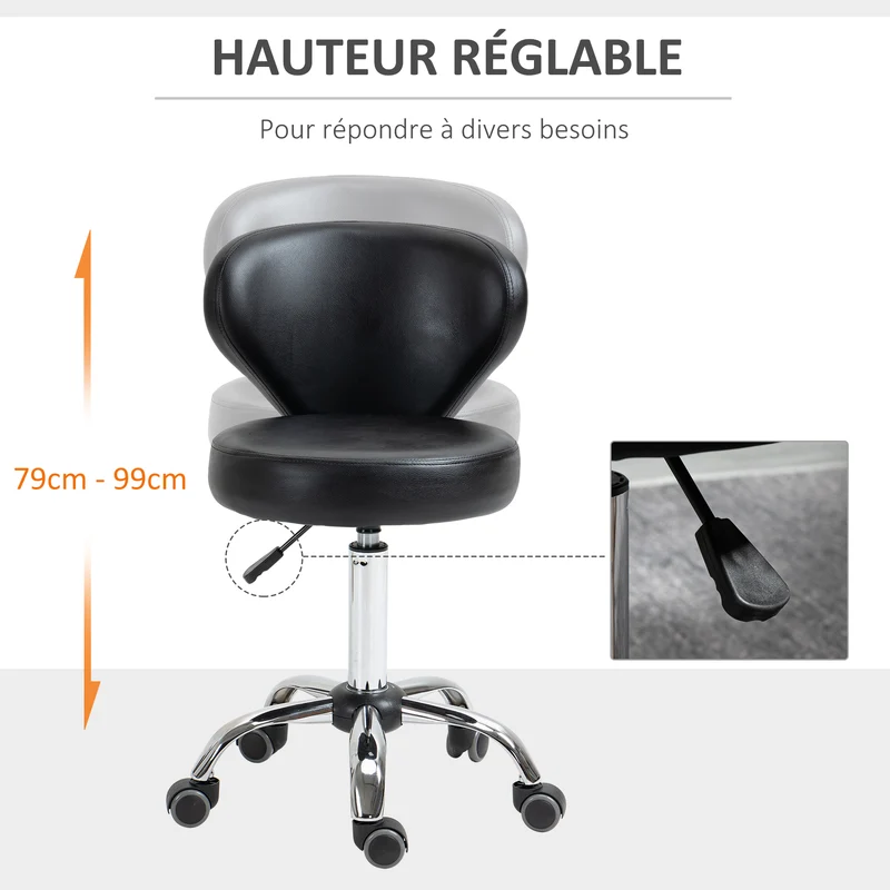 Tabouret à roulettes salon bureau dossier incurvé assise épaisse 7 cm 45 x 54 x 73-88 cm moderne contemporain en PU noir 21_0000772