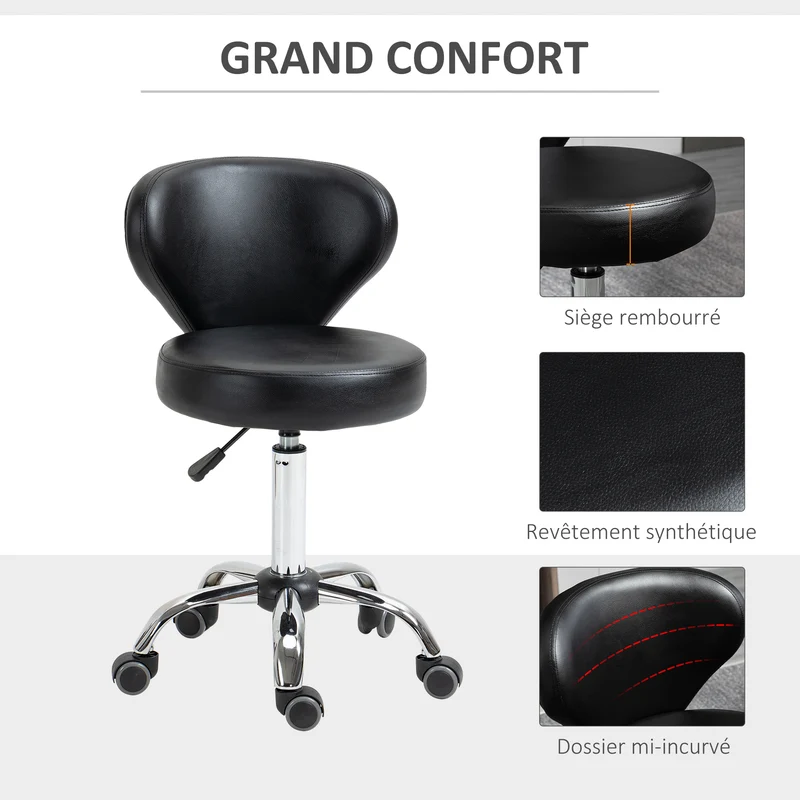 Tabouret à roulettes salon bureau dossier incurvé assise épaisse 7 cm 45 x 54 x 73-88 cm moderne contemporain en PU noir 21_0000772