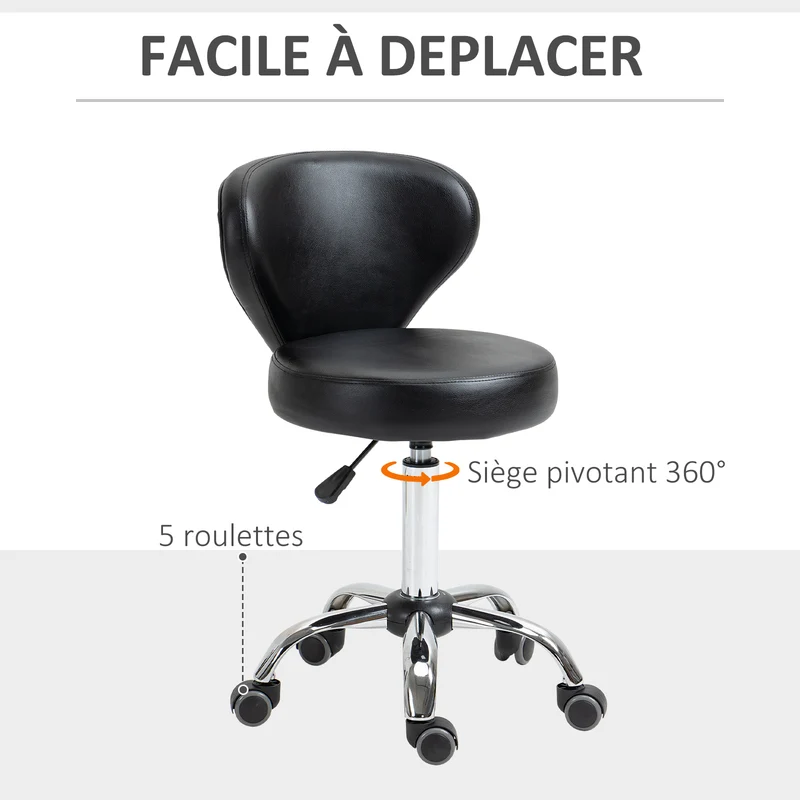 Tabouret à roulettes salon bureau dossier incurvé assise épaisse 7 cm 45 x 54 x 73-88 cm moderne contemporain en PU noir 21_0000772
