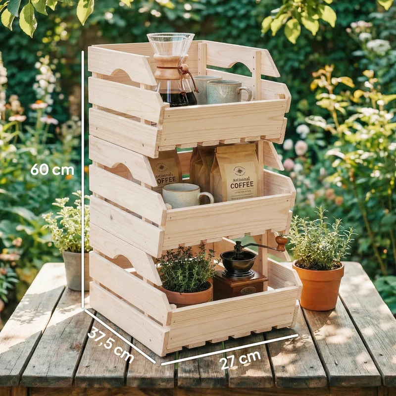 Support de corbeille à fruits empilable cuisine 27 x 37,5 x 60 cm compact rangement vertical rustique en bois naturel 21_0005764